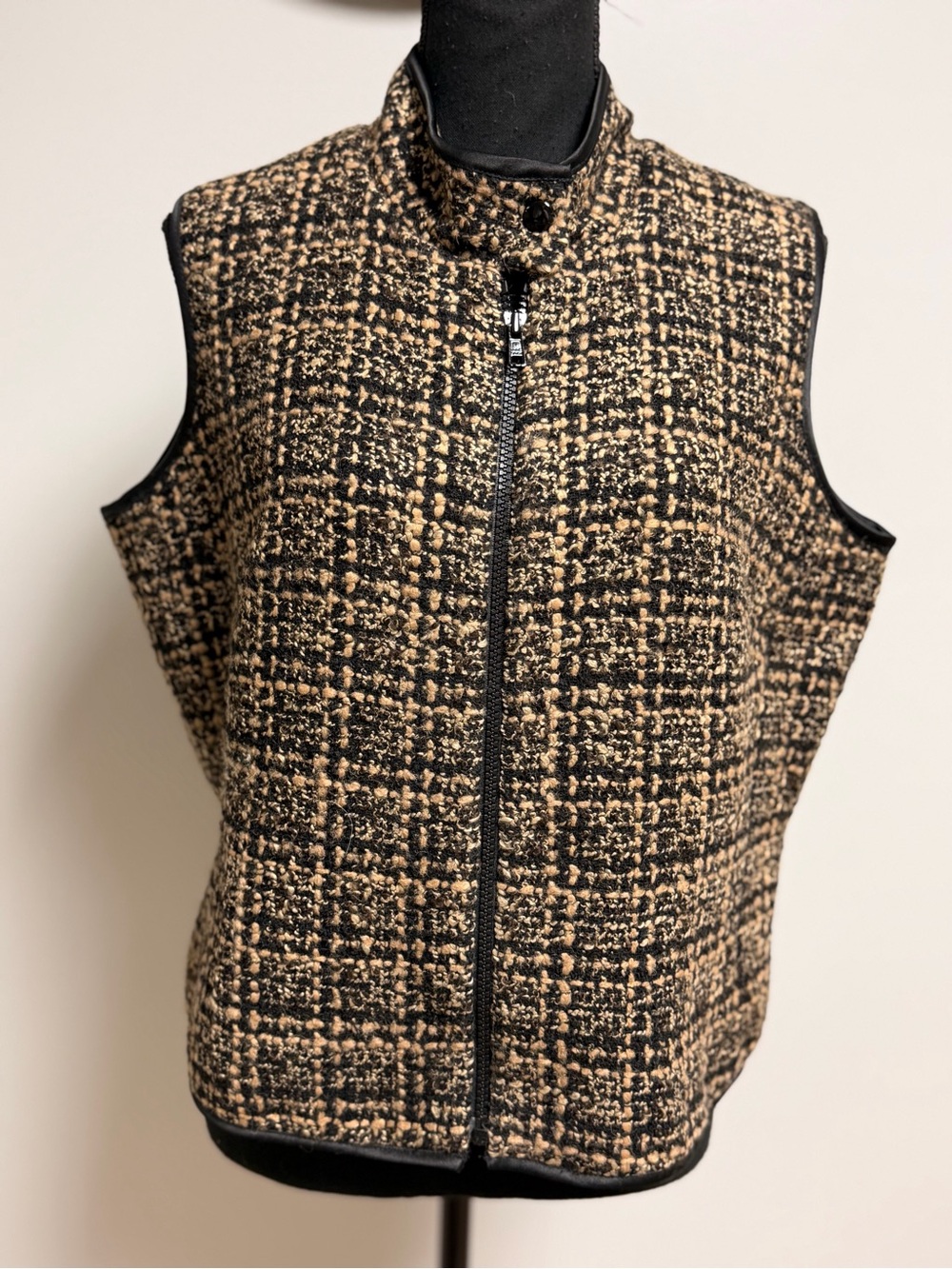 Vintage Marshall Field's Tweed Zip Up Vest Brown Plaid Wool Blend Women's Large